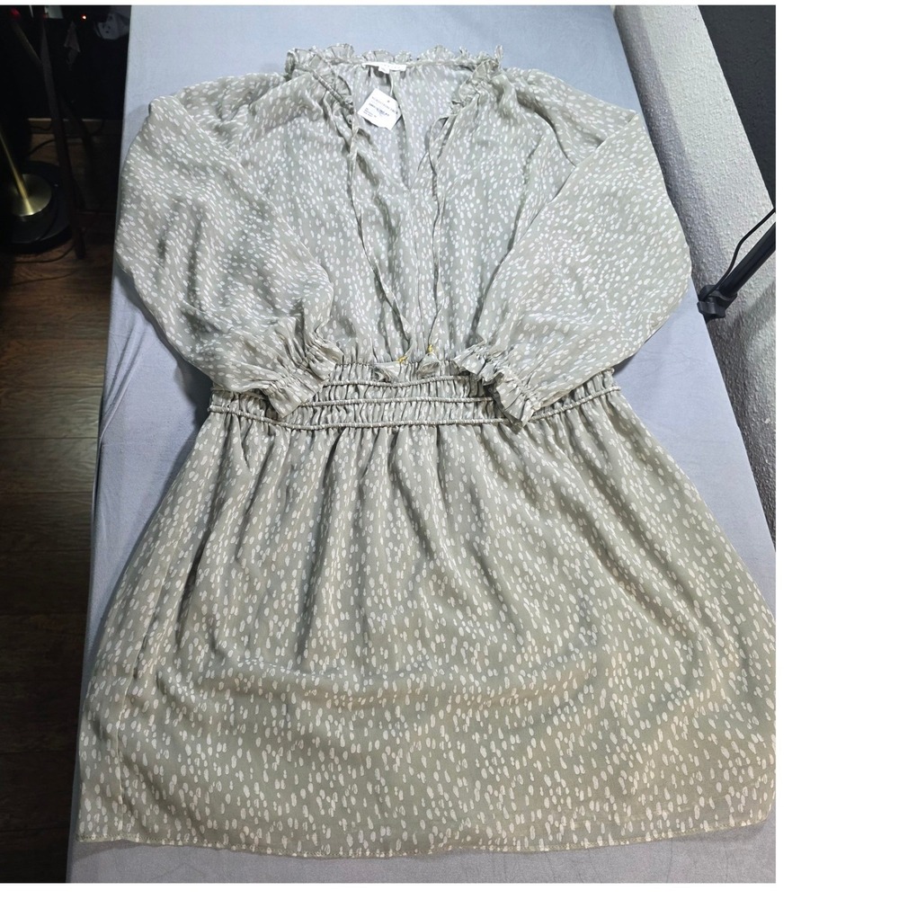 Socialite Sage Ivory Abstract Print Smocked Waist Ruffle‎ Mini Dress Lined NEW